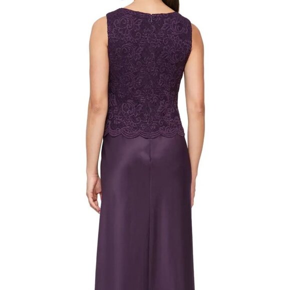 Alex Evenings Eggplant Purple Embroidered Lace Two-Piece Gown w/Jacket - Picture 3 of 6